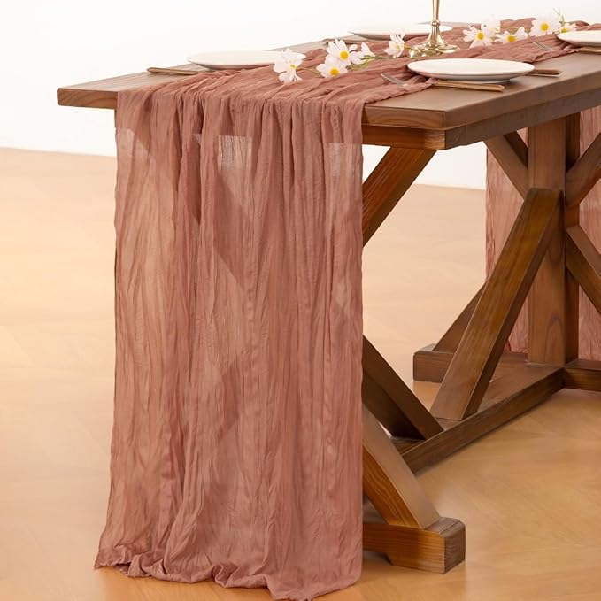 Socomi 3pcs Dusty Rose Easter Spring Cheesecloth Table Runner Boho Rustic Gauze 120 inch 10FT Cheese Cloth Runner for Wedding Party Baby Shower Birthday Home Decor Holiday Decorations