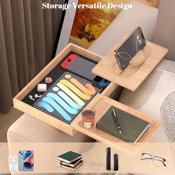 Wooden Couch Cup Holder Tray with 2 Rotatable Tray, Couch Arm Tray with 360° Rotating Phone Holder & Anti Slip Tray, Armrest Tray Table for Couch, for Snacks, Drinks, Remotes