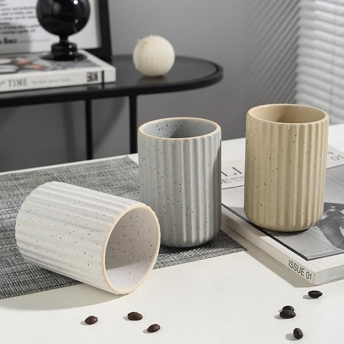 TOPYOKK Stoneware Coffee Bar Utensil Holder Tea & Coffee Spoon & Stirrer Holder for Stir Stick Straw Teaspoon Holder Spoon Cup Small Utensil Jar Fluted Vertical Stripe (Blue Grey)
