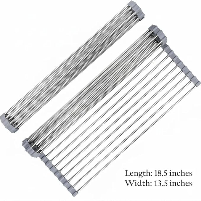 Over-The-Sink Roll Up Dish Drying Rack, 18.5" x 13.5" Foldable Stainless Steel Dish Drainer Mat, Sink Cover & Heat-Resistant Kitchen Organizer (Grey)