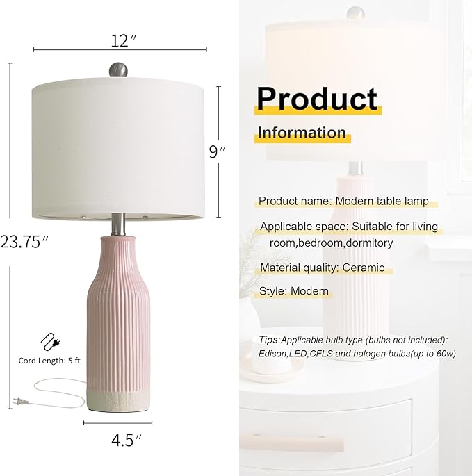 USumkky 23.75inch Pink Modern Ceramic Bedside Lamp Set of 2 with 5FT Cord for Bedroom Decor Farmhouse Table Lamp for Living Room Office Dorm