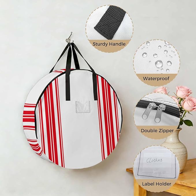 Storage Bag Red Stripes Round Storage Totes Bins Closet Organizers with Zippers & Handle Simple Style Clothes Storage Container for Bedroom Dorm Space Saving Packing Supplies Moving Bags