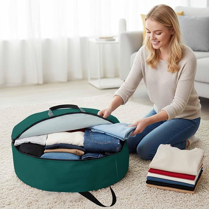 24 Inch Round Storage Bag 1 Pack,Minimalist Solid Aventurine Green Waterproof Wreath Storage Container with Handles&Zipper Pure Plain Single Color Closet Organizer Bags Garland Box