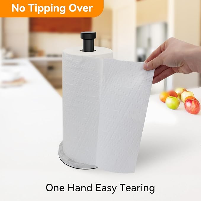Paper Towel Holder Countertop, Black Kitchen Roll Holder, Premium Stainless Steel Paper Towel Holder for Kitchen Bathroom Roll Organize with Weighted Marble Base, One-Handed Operation