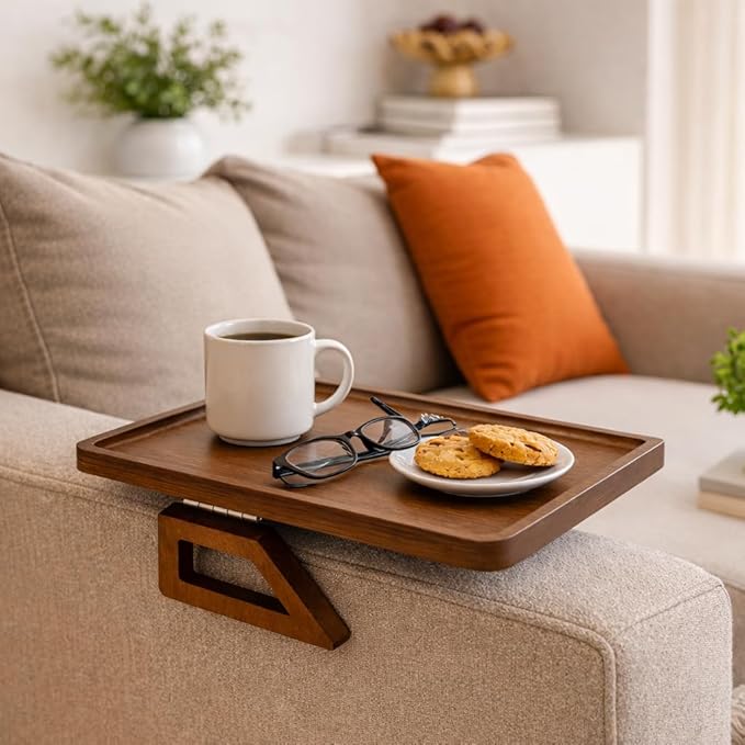 Sofa Table Tray - Bamboo Couch Armrest Table Universal Fit - Sofa Table With Non-Slip Pads to Keep Things in Place -13 x 9.5 Inch – Armrest tray table for couch – (Brown)