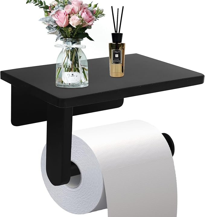 Toilet Paper Holder with Marble Shelf for Bathroom Washroom,Wall Mounted Tissue Holder Suitable for Mega Roll (Small 6.7 * 4.3 in, Black)