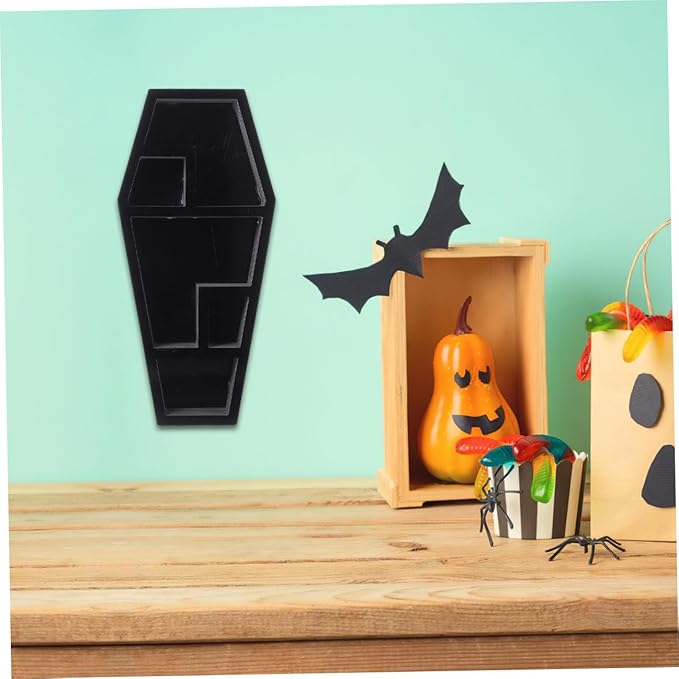 LIFKOME Halloween Coffin Storage Rack for Gothic Decor Unique Haunted House Prop Organizer for Candles Books and Collectibles Lightweight and Design
