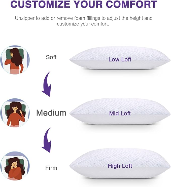 WISHSMILE Cooling King Size Pillows, Pillow King Size Set of 2 Shredded Memory Foam, Cool Cold for Sleeping with Zipper, Adjustable Firmness to Hot, Side, Back and Stomach Sleepers, 2 Pack, 20x36