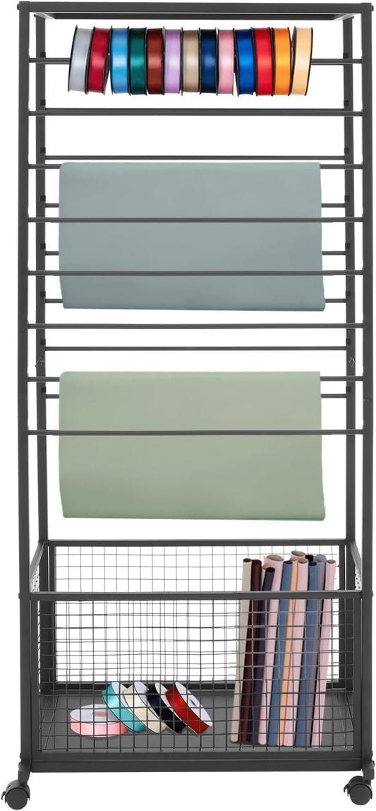 16 Tier Double-sided Ribbon Holder Organizer Rack 26.38 * 12.6 * 59.06in Multifunctional Flower Wrapping Paper Storage Stand Black for Flower Shops, Craft Rooms