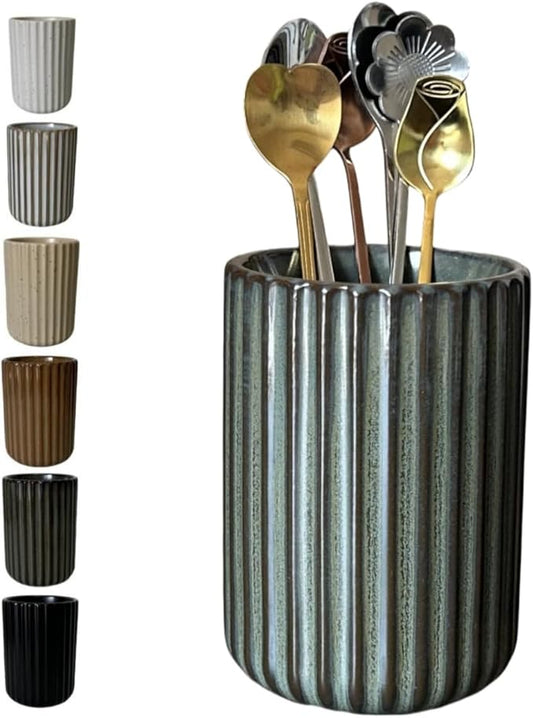 TOPYOKK Stoneware Coffee Bar Utensil Holder Tea & Coffee Spoon & Stirrer Holder for Stir Stick Straw Teaspoon Holder Spoon Cup Small Utensil Jar Fluted Vertical Stripe (Bronze)