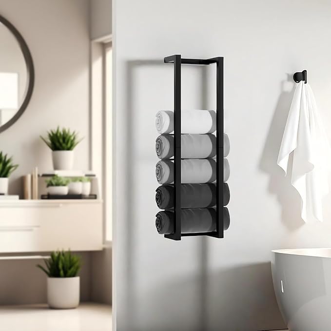 Towel Racks for Bathroom,VIDA-ZONE 304 Stainless Steel Towel Storage Racks for Rolled Bath Towels Can Hold 6 Large Towels,Wall Mounted 30 Inch Bathroom Organizer for Small Space Black Towel Holder