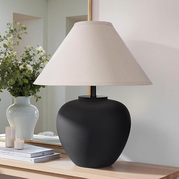 YEPDIN Ceramic Pot Table Lamp 18.5 inch Circular Frosted Nightstand Lamp, Tapered Fabric Shade Bedside, Ceramic Decorative for Living Room Bedroom House Office Entryway, TL1