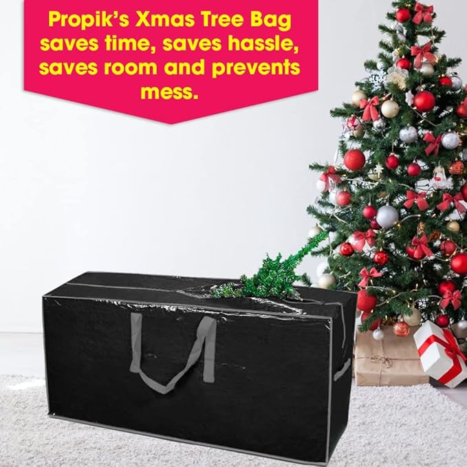 Artificial Tree Storage Bag By Propik | Perfect for Disassembled Tree | 65” X 15” X 30” Holiday Tree Storage Case | Xmas Storage Container with Handles and Sleek Zipper (7.5ft, Black)