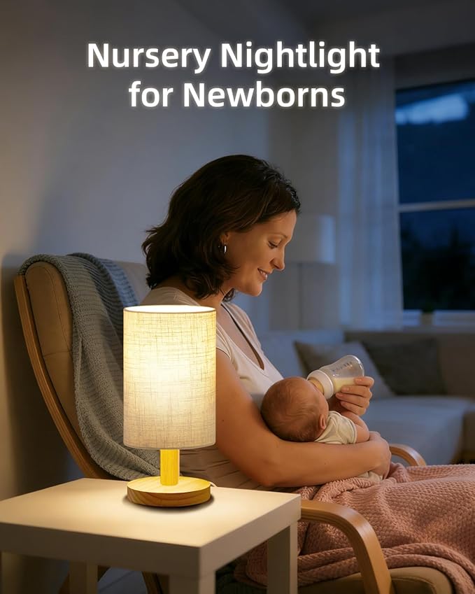 Small Table Lamp for Bedroom - Inline Control, Bedside Lamp for Warm Light LED Desk Lamp, Wood Base Round Flaxen Fabric Shade for Kids Room, Living Room, College Dorm, Home, Office