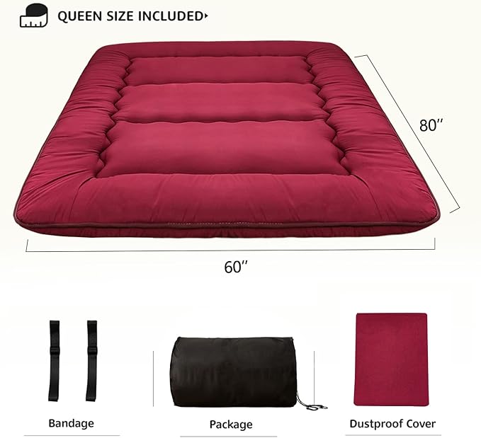 MAXYOYO Japanese Floor Futon Mattress - Thicken Sleeping Pad, Foldable Roll Up Mattress Topper, Guest Floor Couch Mat, Burgundy, Queen