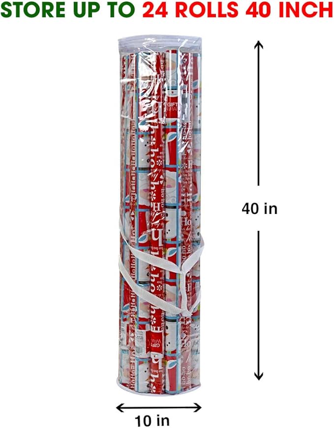 ProPik Christmas Gift Wrap Organizer Clear, Fits 24 Rolls of 40 Inch Long, Heavy Duty PVC Wrapping Paper Storage Bag with Handles and Zippered Top, Tote Clear Tube Container (White Trimming)
