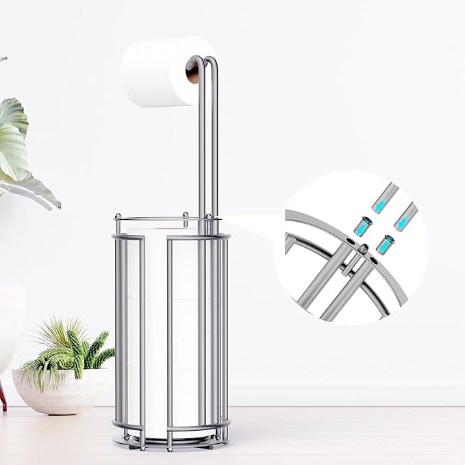 Meangood Toilet Paper Holder Stand and Tissue Paper Roll Dispenser for 4 Mega Rolls (Matte Silver)