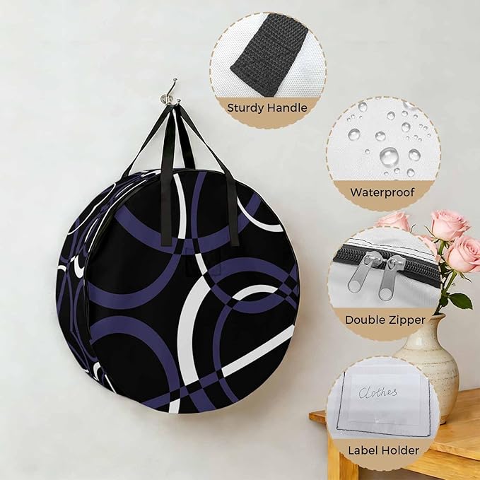 Storage Bag Blue Black Geometric Circle Round Storage Totes Bins Closet Organizers with Zippers & Handle Modern Abstract Lines Clothes Storage Container for Bedroom Dorm Space Saving Packing Supplies