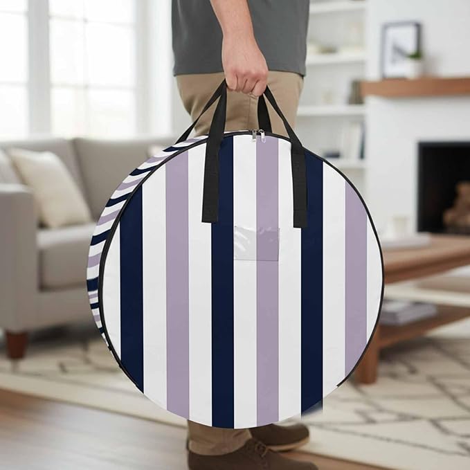 Storage Bag Navy Blue Purple Stripes Round Storage Totes Bins Closet Organizers with Zippers & Handle Contrast Striped Clothes Storage Container for Bedroom Dorm Space Saving Packing Supplies Bags