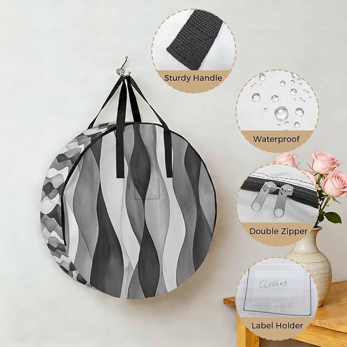 Gray Ripple Round Storage Bag 24 Inch, Abstract Gradient Watercolor Modern Clothes Storage Container with Handles Heavy Duty Organizer for Comforter, Bedding & Holiday Wreaths
