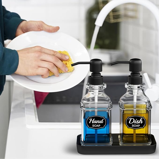LMQML Soap Dispenser - 2 Pack, Antique Design Thick Glass Hand Soap Dispensers with Sturdy Tray; 304 Rust Proof Stainless Steel Black Pump, 12Pcs Stickers, for Kitchen, Bathroom