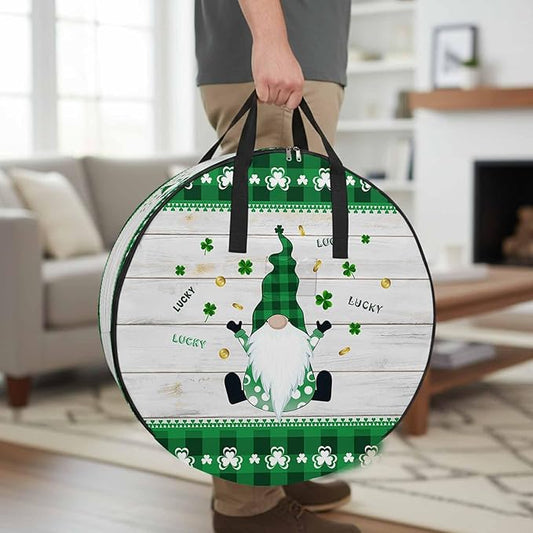 24 Inch Round Storage Bag 1 Pack,St. Patrick Irish Gnomes Wood Board Coin Waterproof Wreath Storage Container with Handles&Zipper Buffalo Tartan Closet Organizer Bags Garland Box