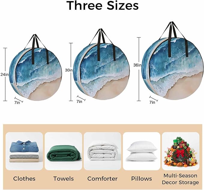 Abstract Waves Round Storage Bag 30 Inch, Blue White Ocean Spray Seaside Watercolor Clothes Storage Container with Handles Heavy Duty Organizer for Comforter, Bedding & Holiday Wreaths