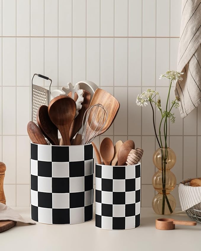 Checkered Kitchen Utensil Holder - 7.1"+5.8" Ceramic Utensil Crock for Countertop, Kitchen Decor and Accessories for counte (Black)