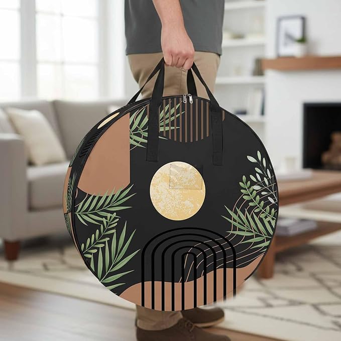 24 Inch Round Storage Bag 1 Pack,Boho Leaf Arch Moon Waterproof Wreath Storage Container with Handles&Zipper Mid Century Vintage Brown Closet Organizer Bags Garland Box