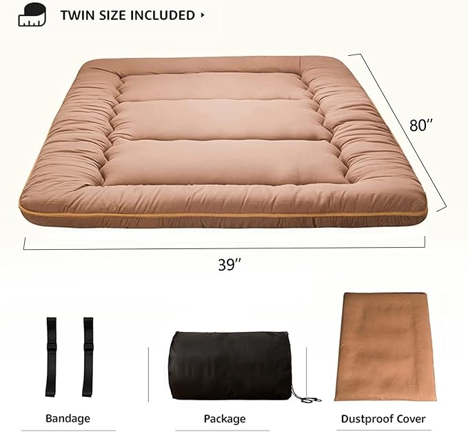 MAXYOYO Japanese Floor Mattress Futon Mattress, Thicken Tatami Mat Sleeping Pad Foldable Roll Up Mattress Guest Mattress Pad Kids Floor Lounger Cushion, Light Brown, Twin