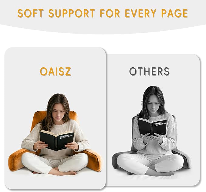 OAISZ Reading Pillow for Sitting in Bed Adult, X-Large Reading Pillow with Shredded Memory Foam, Back Pillow for Sitting Up with Extend Arms, Pockets, Bed Pillow with Washable Cover, Orange