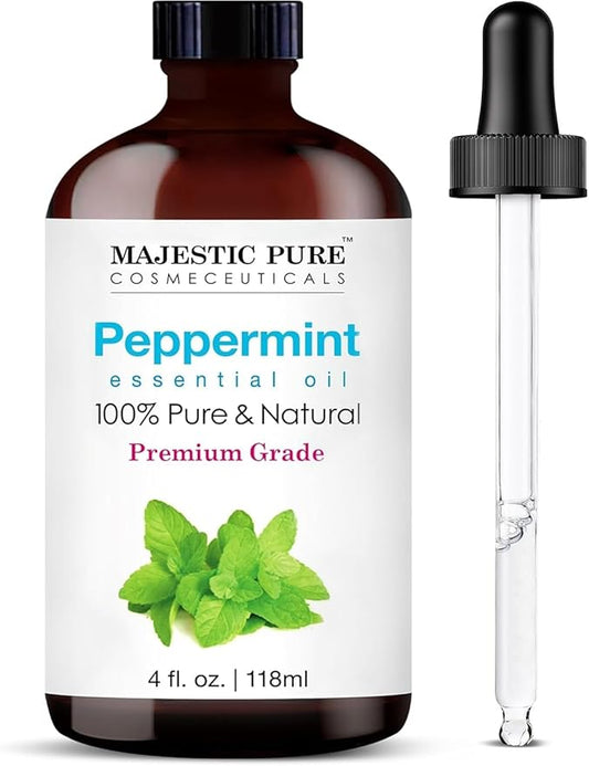 Majestic Pure Essential Oil with Glass Dropper - 100% Pure and Natural - Essential Oils for Diffuser, Aromatherapy, Soap and Candle Making, Peppermint Essential Oil, Peppermint Oil, 4 Fl Oz