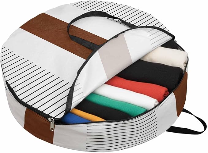 Storage Bag Boho Style Round Storage Totes Bins Closet Organizers with Zippers & Handle Brown Stripe Lines Bohemian Clothes Storage Container for Bedroom Dorm Space Saving Packing Supplies Moving Bags