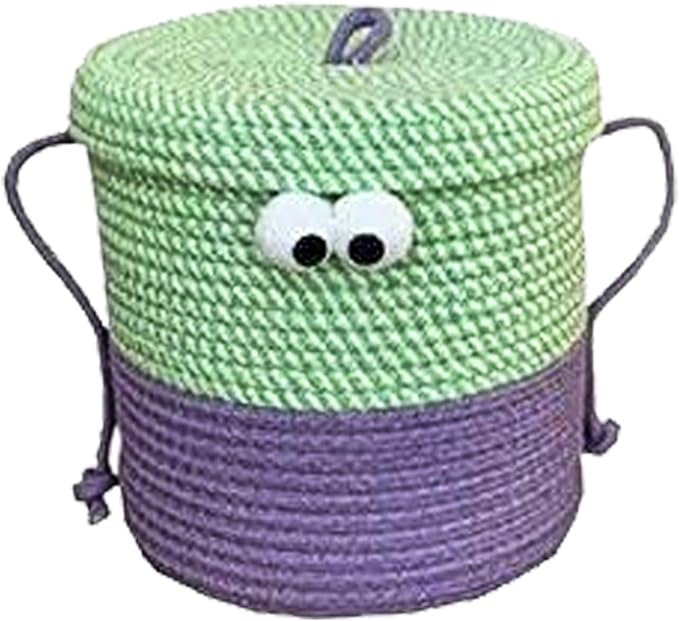Cotton Rope Storage Basket with Lid & Handles, Cute Monster Decor Basket for Nursery, Toys, Diapers, Baby Shower & Easter Gift, 9.8" x 9.8" (Green & Purple)