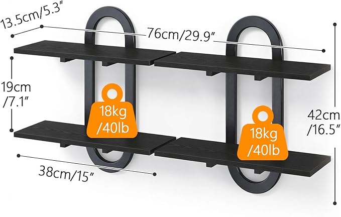 Floating Shelves, 2Pcs Wall Mounted Shelves with 2-Tier Bathroom Hanging Storage Shelves Set for Living Room Bedroom Bathroom Office Kitchen, Black