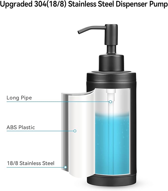 Countertop Hand Soap Dispenser, Refillable Stainless Steel Soap Pump Bottle for Bathroom & Kitchen, Free Standing - 300ml, Black