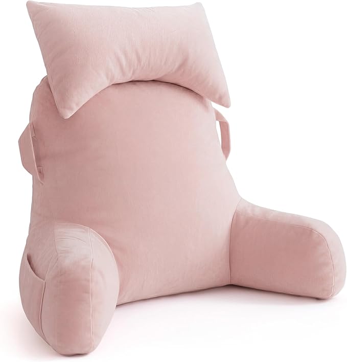Unisakey Portable Reading Pillows with Headrest for Bed Sitting Up(Pink Oeko-Tex), Velvet Back Pillow with Arms & Pockets for Adults, Support Memory Foam Bed Pillow for Dorm/Reading/Watching/Gaming