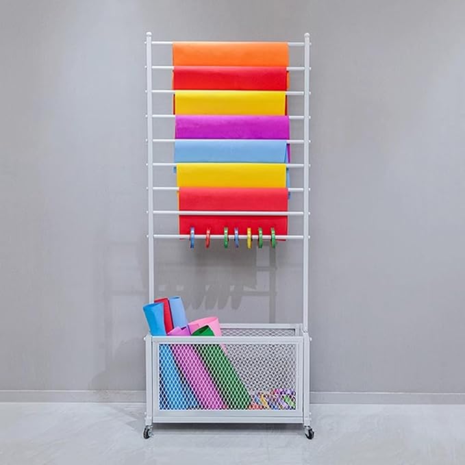 H67 Ribbon Holder Organizer Rack, Large Capacity Movable Metal Vinyl Roll/Fabric Storage with Storage Basket, Gift Wrapping Organizer Storage for Designer Artist(White,35.4x67in)