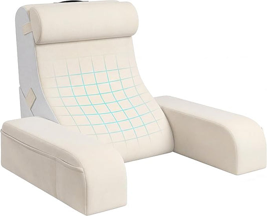 Homkdom Reading Pillow for Sitting in Bed Adult, 22" Back Pillow for Bed Sitting up with Armrests & Storage Pockets, Ergonomic Wedge Pillow for Watching TV, Gaming, Working, Recovery, 5PCS, Beige