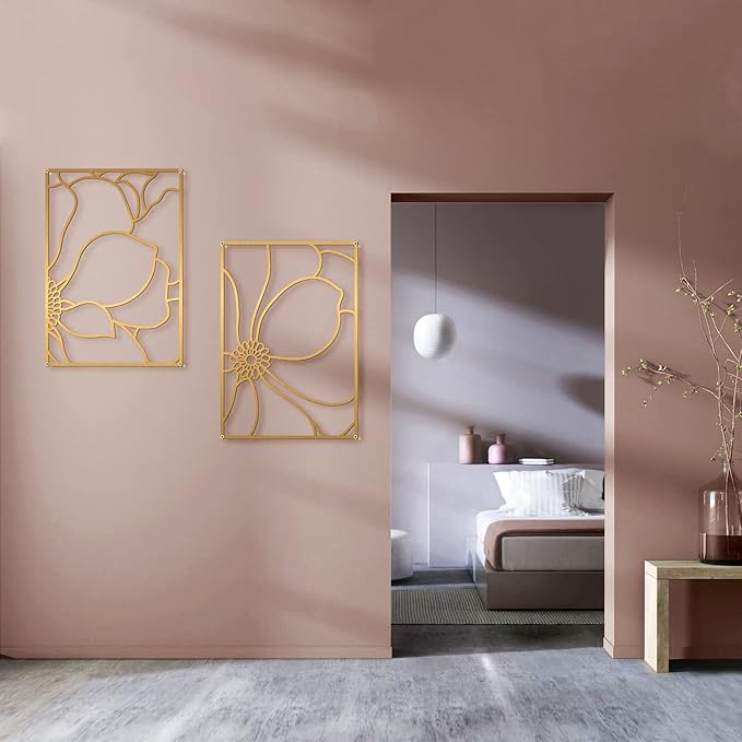 Glamativity 4 Pack Gold Wall Art, Flower Minimalist Single Line Art, Real Metal Nature Floral Abstract Wall Decor for Kitchen Bedroom Living Room