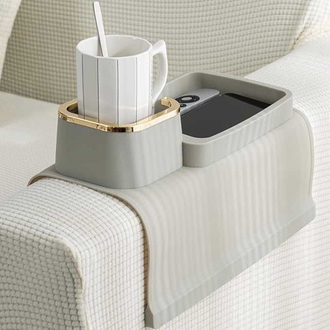 Couch Cup Holder Tray, Elimiko Silicone Anti-Spill and Anti-Slip Couch Drink Holder, Strong and Weighted Phone/Remote/Snacks Sofa Cup Holder (Griege)