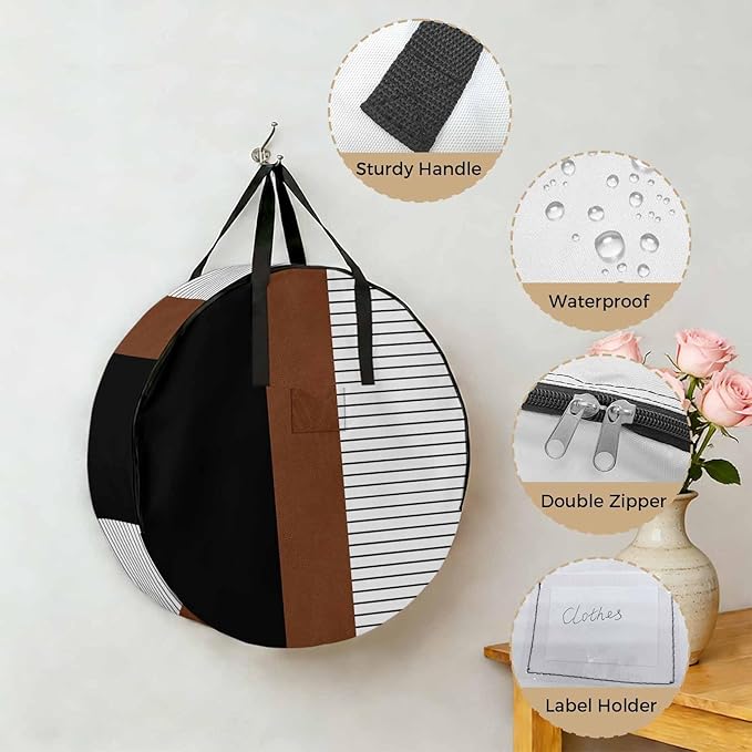 Storage Bag Brown Black Lines Round Storage Totes Bins Closet Organizers with Zippers & Handle Boho Style Clothes Storage Container for Bedroom Dorm Space Saving Packing Supplies Moving Bags