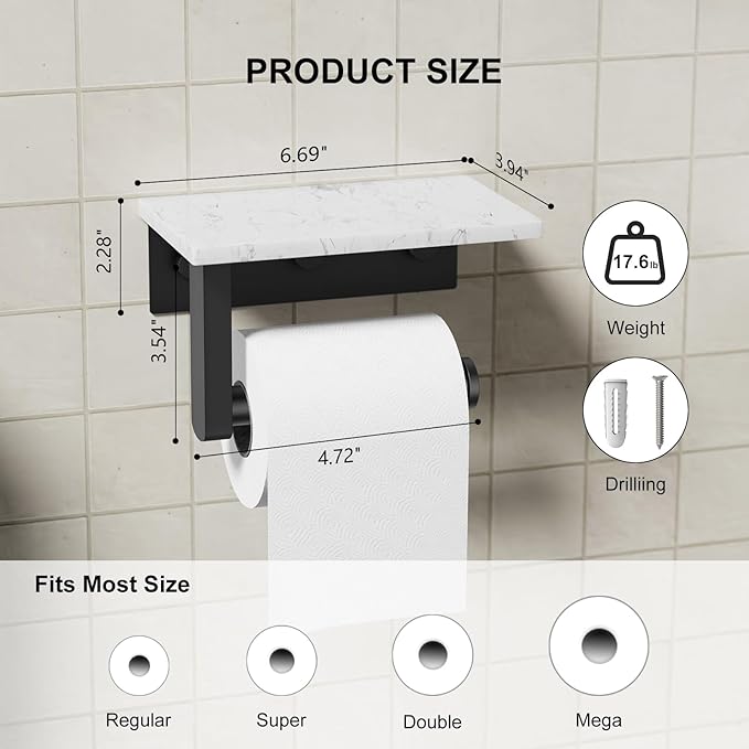 Toilet Paper Holder with Marble Shelf, 304 Stainless Steel Tissue Hand Holder Wall Mounted Toilet Paper Roll Hold with Phone Shelf for Bathroom Kitchen Washroom Bedroom, Matte Black