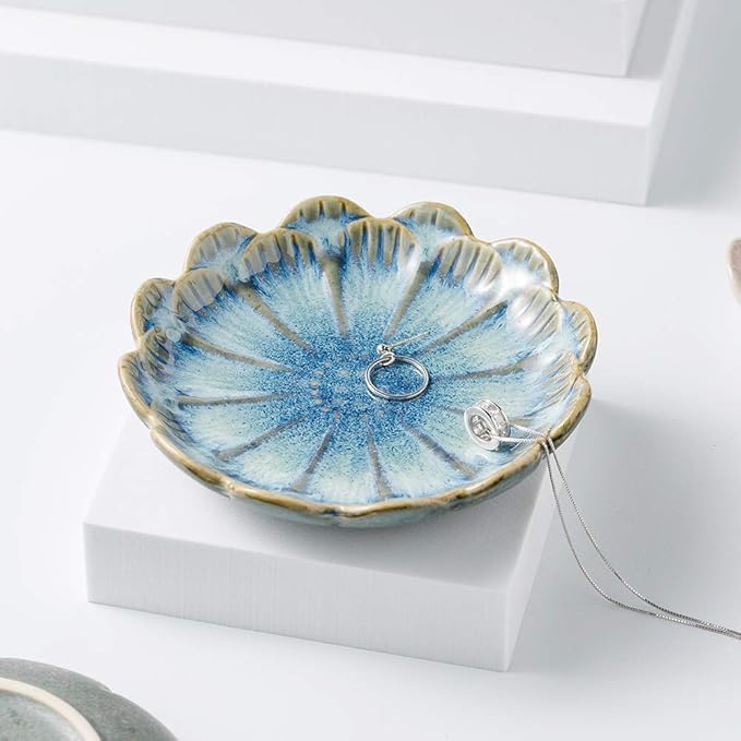 Mecaikru ring holder, flower shape decorative earring stand, jewelry tray, key bowl, trinket dish for women and friends, flower blue