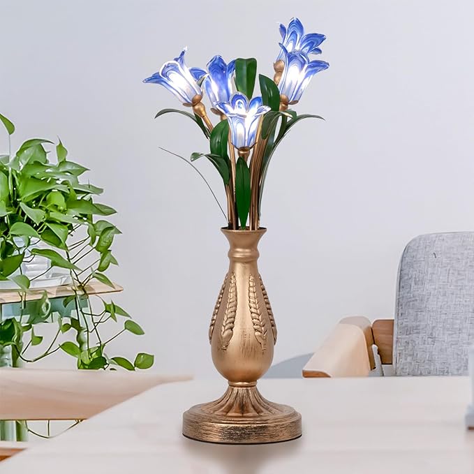 Skyblaze Classic Style Table Lamp with Flower Glass Shade, Elegant Flower Night Light, Art Deco Accent Table Lamp for Bedroom Living Room (Blue, 5 Lights)