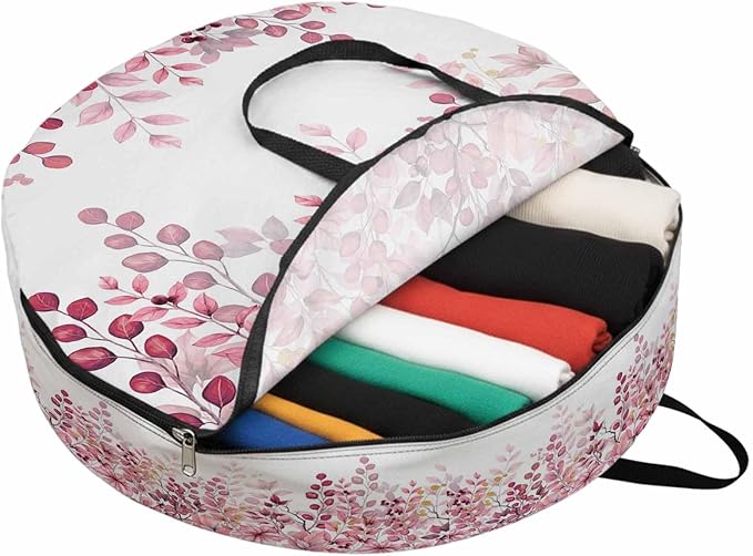 Storage Bag Pink Eucalyptus Leaves Round Storage Totes Bins Closet Organizers with Zippers & Handle Berry Branch Nature Plant Clothes Storage Container for Bedroom Dorm Space Saving Packing Supplies
