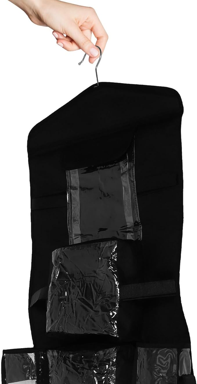 Hanging Wrap Storage Bag with Pockets, Over-The-Door Closet Organizer, Heavy-Duty Black Oxford Fabric, Wall-Mounted Wrapping Paper Holder for Home Packaging