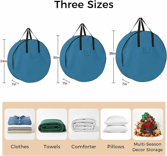 24 Inch Round Storage Bag 2 Pack,Modern Marine Ocean Pure Blue Waterproof Wreath Storage Container with Handles&Zipper Minimalist Solid Color Art Closet Organizer Bags Garland Box