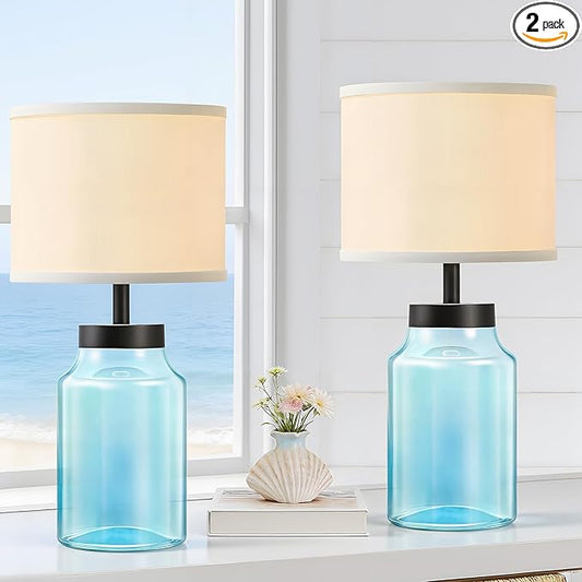 GyroVu Coastal Fillable Table Lamps, Bedside Lamps Set of 2 for Home Decor Nightstand Lamp with Clear Glass for Living Room Bedrooms Office Bulbs Included(Blue+White Shade)