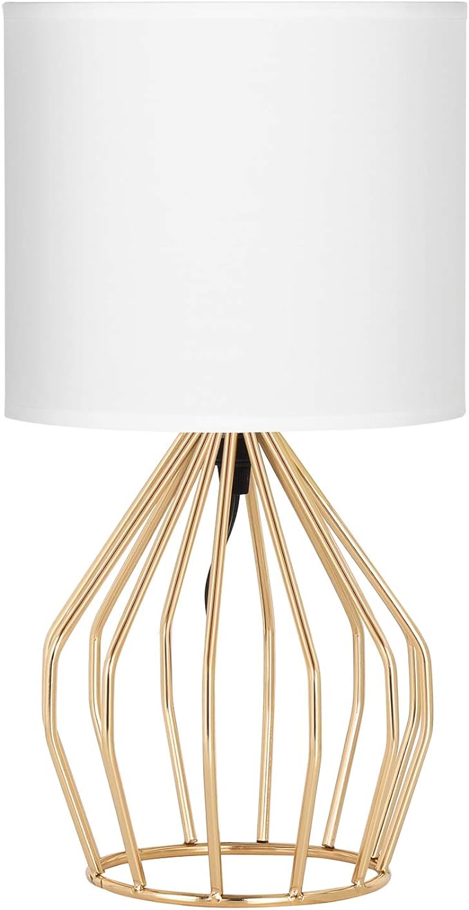 HAITRAL Gold Table Lamp - Modern Style Desk Lamp with Hollowed Out Base Linen Fabric Shade, Small Golden Bedside Lamp for Bedrooms, Living Room